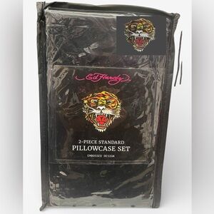 Two Ed Hardy Black Satin Pillowcases Std Solid Embossed Design Set NEW NIP